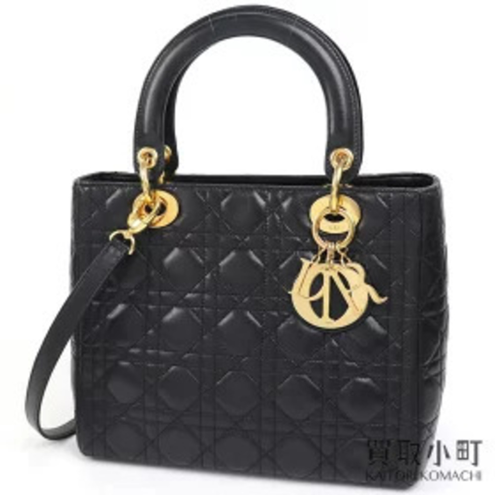 Dior Christian Lady Handbag Cannage Stitch Black Lambskin Charm LADYDIOR Noir